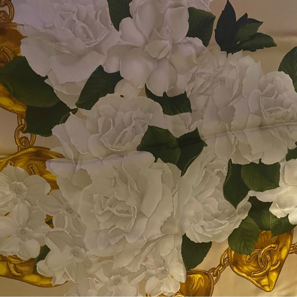 Chanel Gold and Green Floral Silk Scarf - Picture 8 of 13